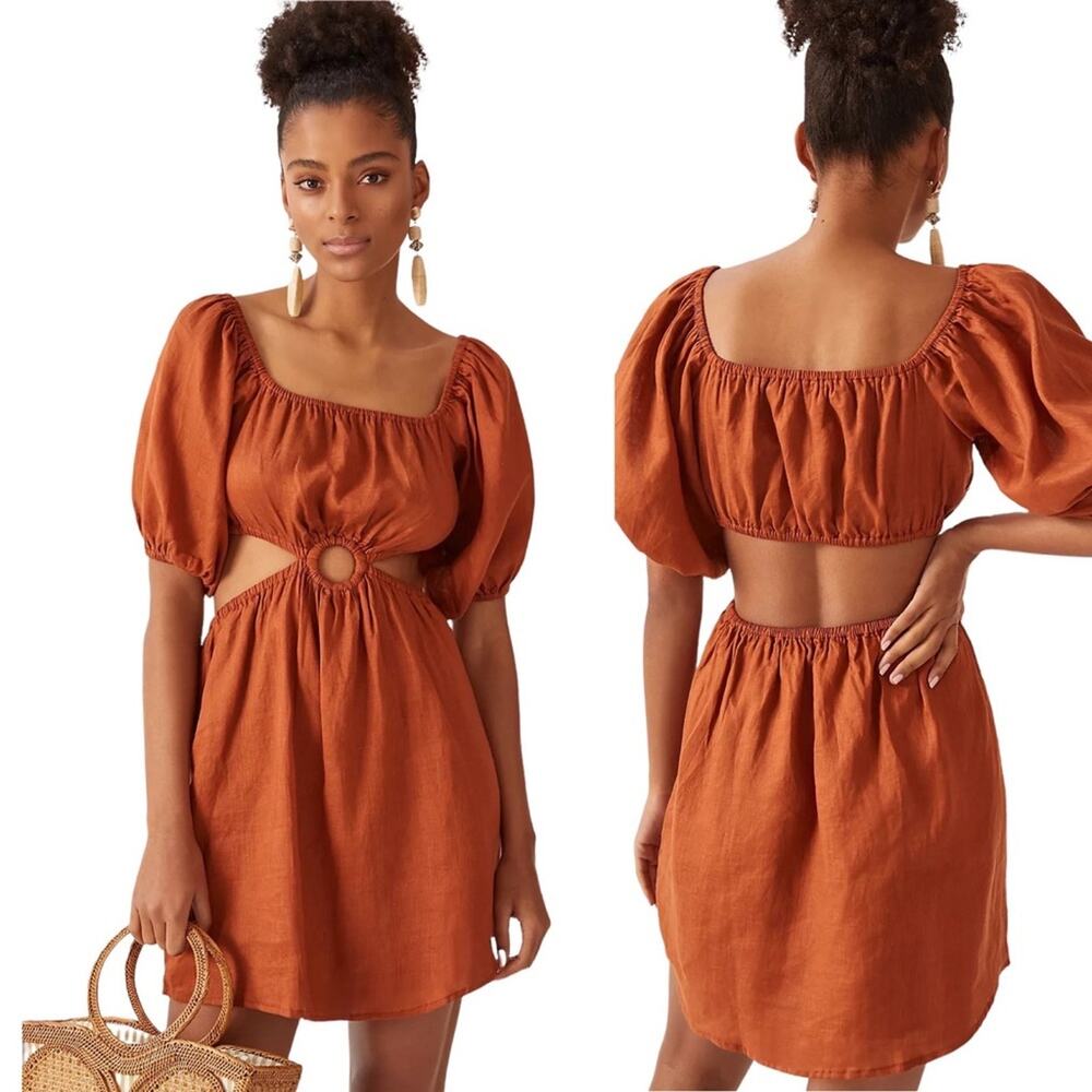 Anthropologie Faithfull Almero Linen Square-Neck Puff-Sleeve Mini Dress NWT